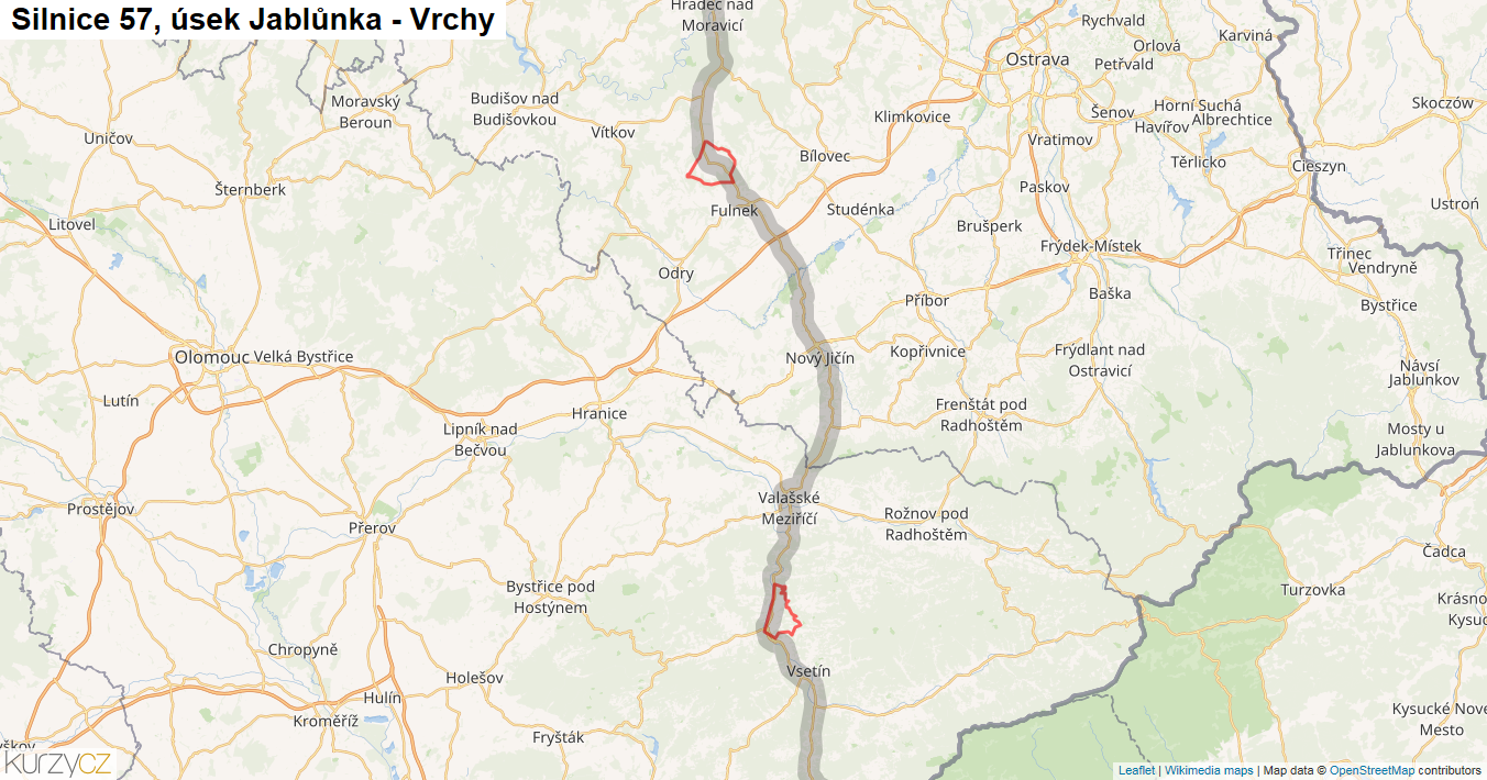 Úsek Jablůnka - Vrchy, Silnice 57 - Mapa
