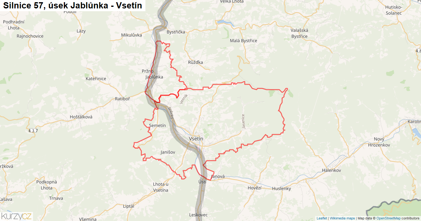 Úsek Jablůnka - Vsetín, Silnice 57 - Mapa