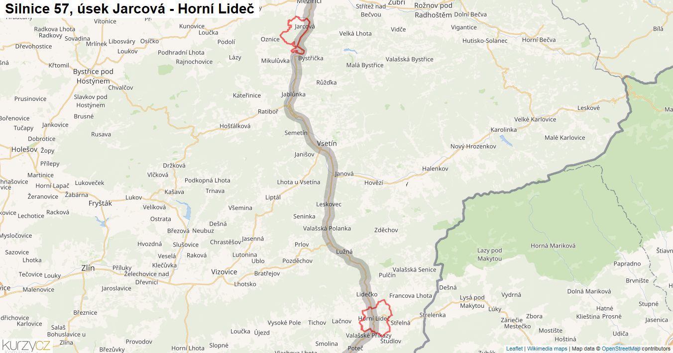 Úsek Jarcová - Horní Lideč, Silnice 57 - Mapa