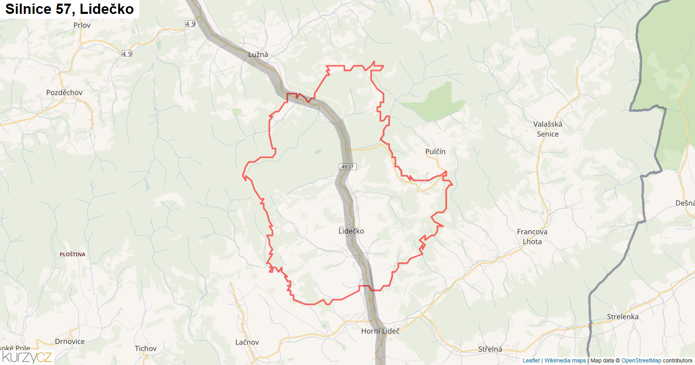 Lidečko, Silnice 57 - Mapa