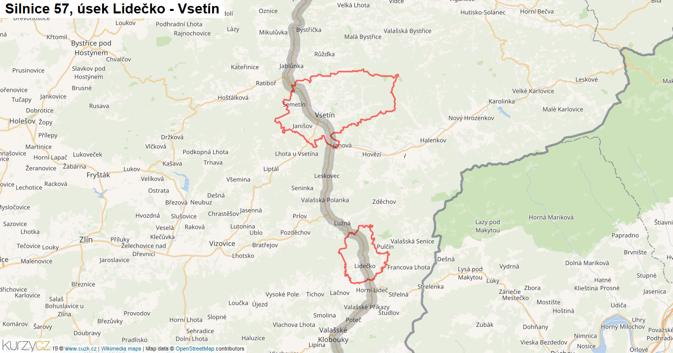 Úsek Lidečko - Vsetín, Silnice 57 - Mapa