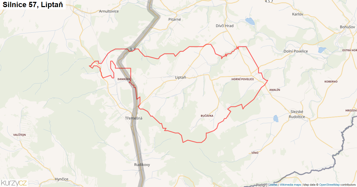 Liptaň, Silnice 57 - Mapa