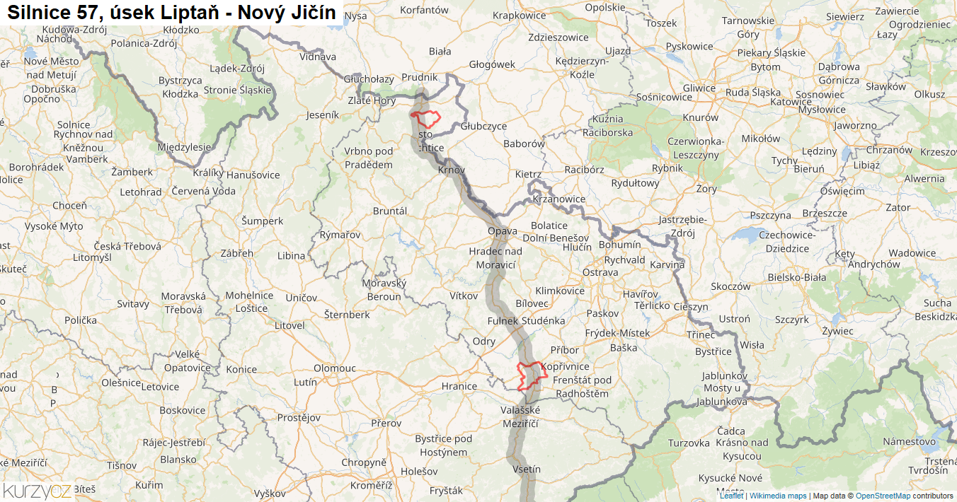 Úsek Liptaň - Nový Jičín, Silnice 57 - Mapa