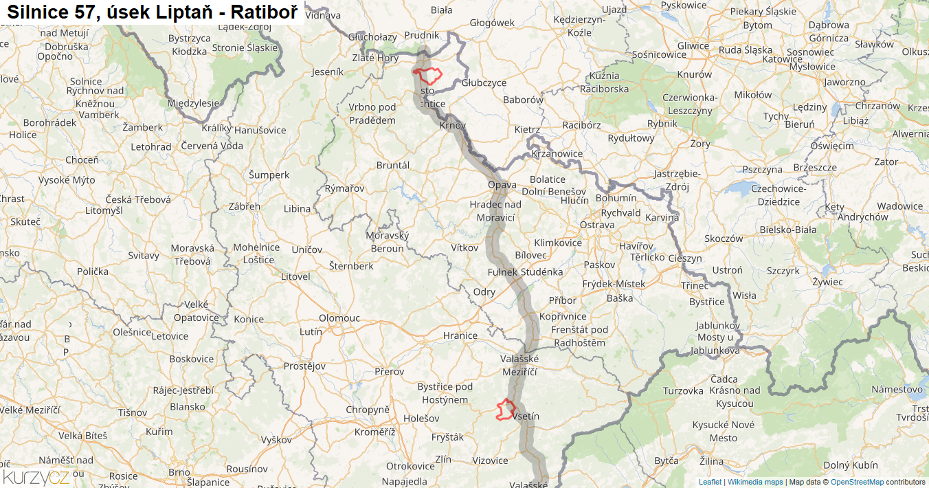 Úsek Liptaň - Ratiboř, Silnice 57 - Mapa