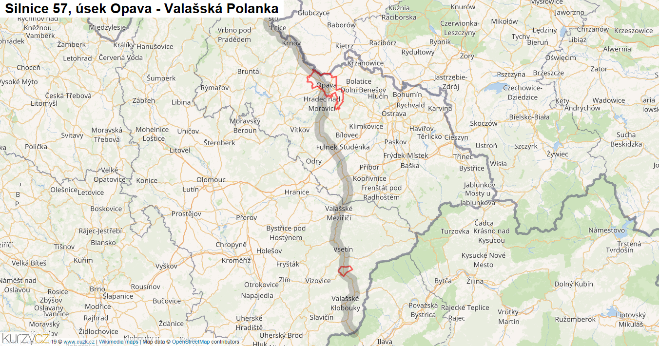 Úsek Opava - Valašská Polanka, Silnice 57 - Mapa