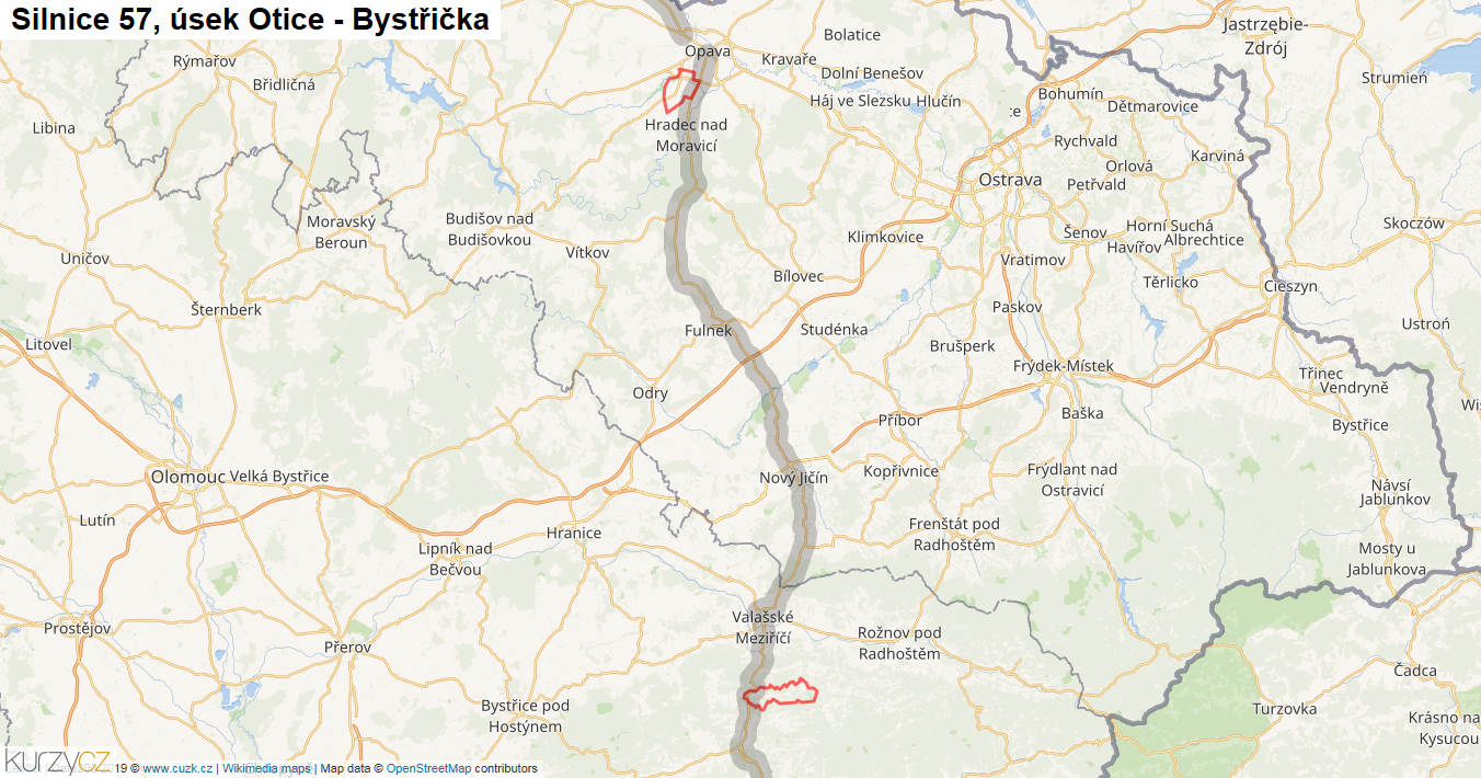 Úsek Otice - Bystřička, Silnice 57 - Mapa