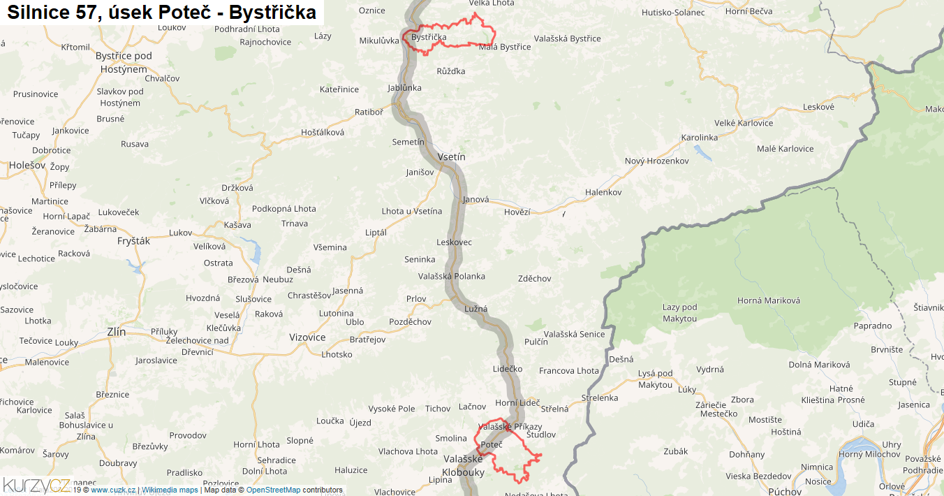 Úsek Poteč - Bystřička, Silnice 57 - Mapa