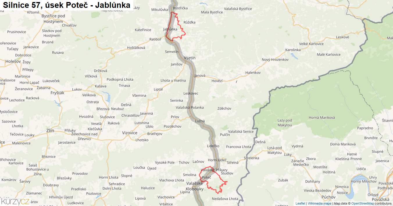 Úsek Poteč - Jablůnka, Silnice 57 - Mapa