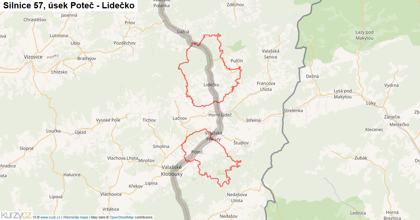 Úsek Poteč - Lidečko, Silnice 57 - Mapa
