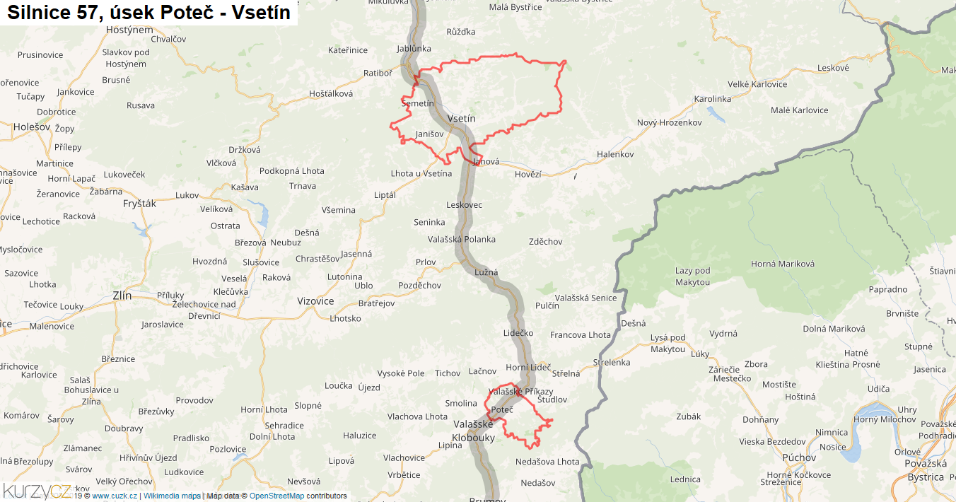 Úsek Poteč - Vsetín, Silnice 57 - Mapa
