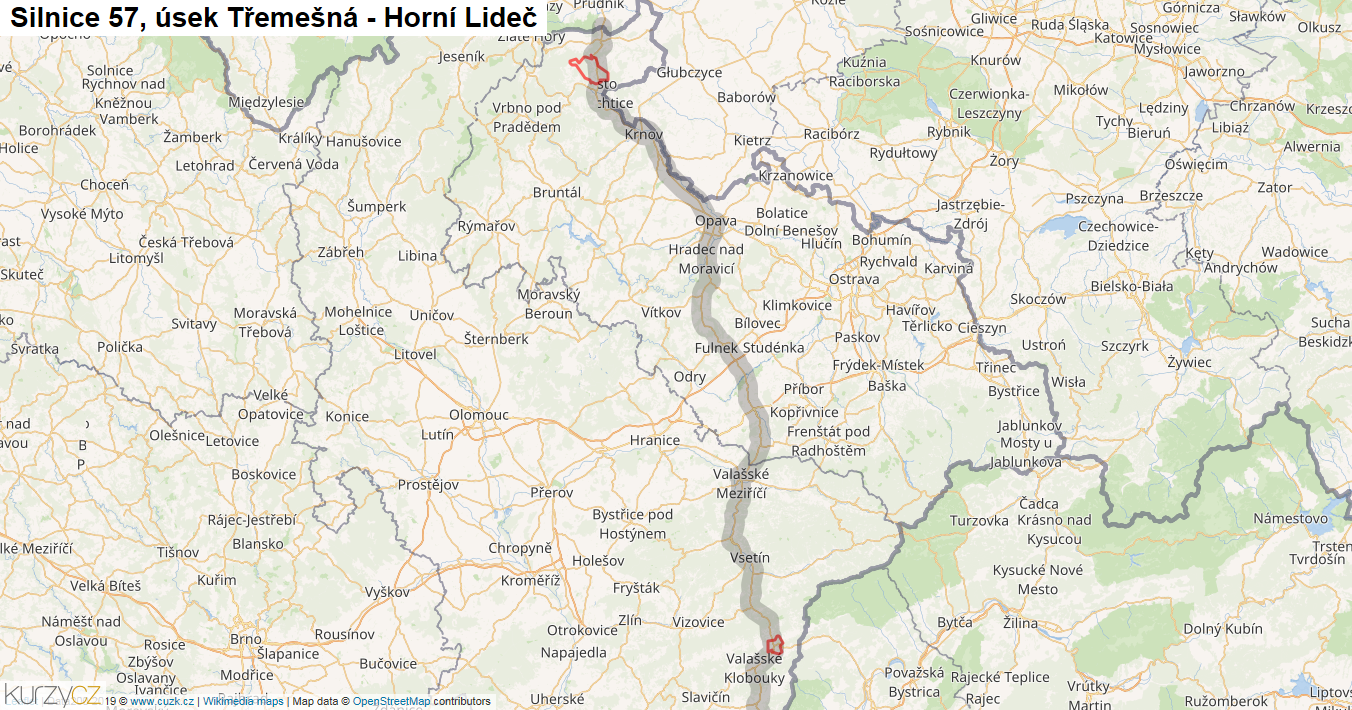Úsek Třemešná - Horní Lideč, Silnice 57 - Mapa