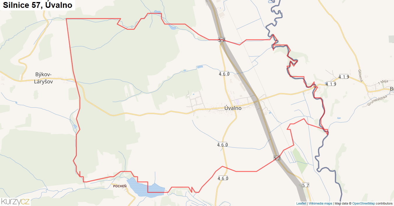 Úvalno, Silnice 57 - Mapa