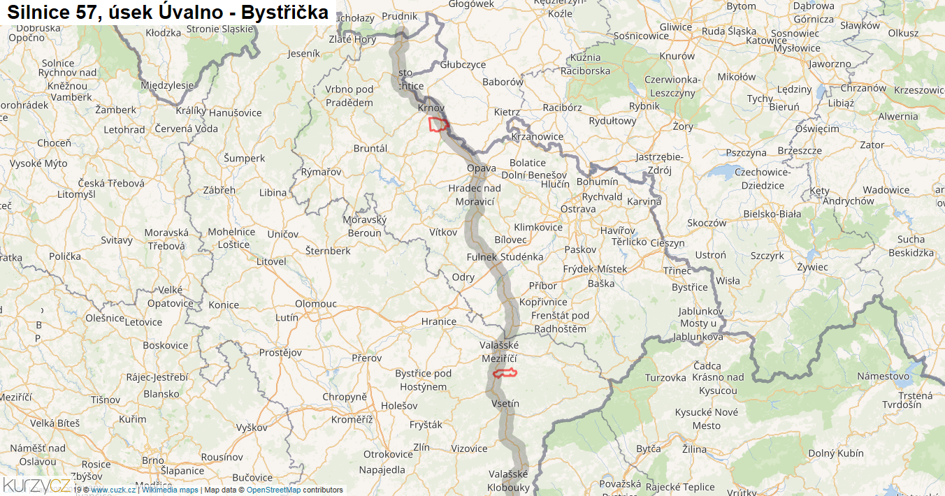 Úsek Úvalno - Bystřička, Silnice 57 - Mapa