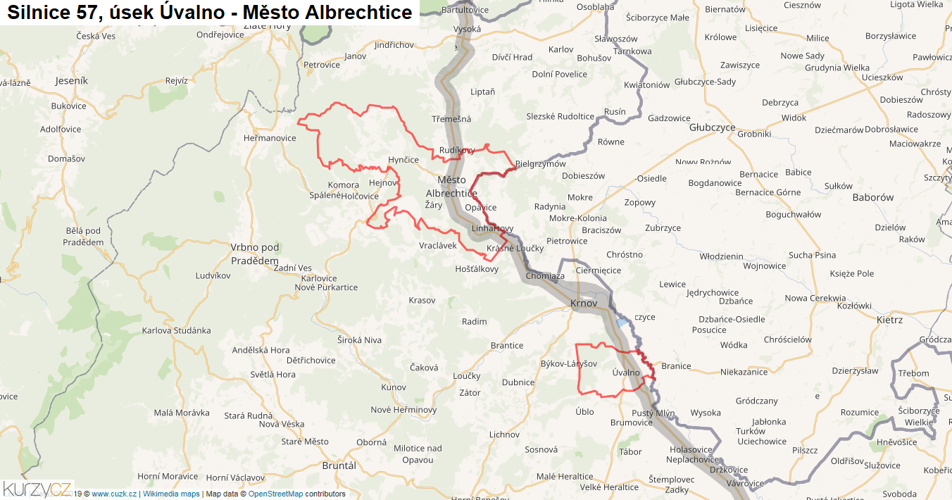 Úsek Úvalno - Město Albrechtice, Silnice 57 - Mapa