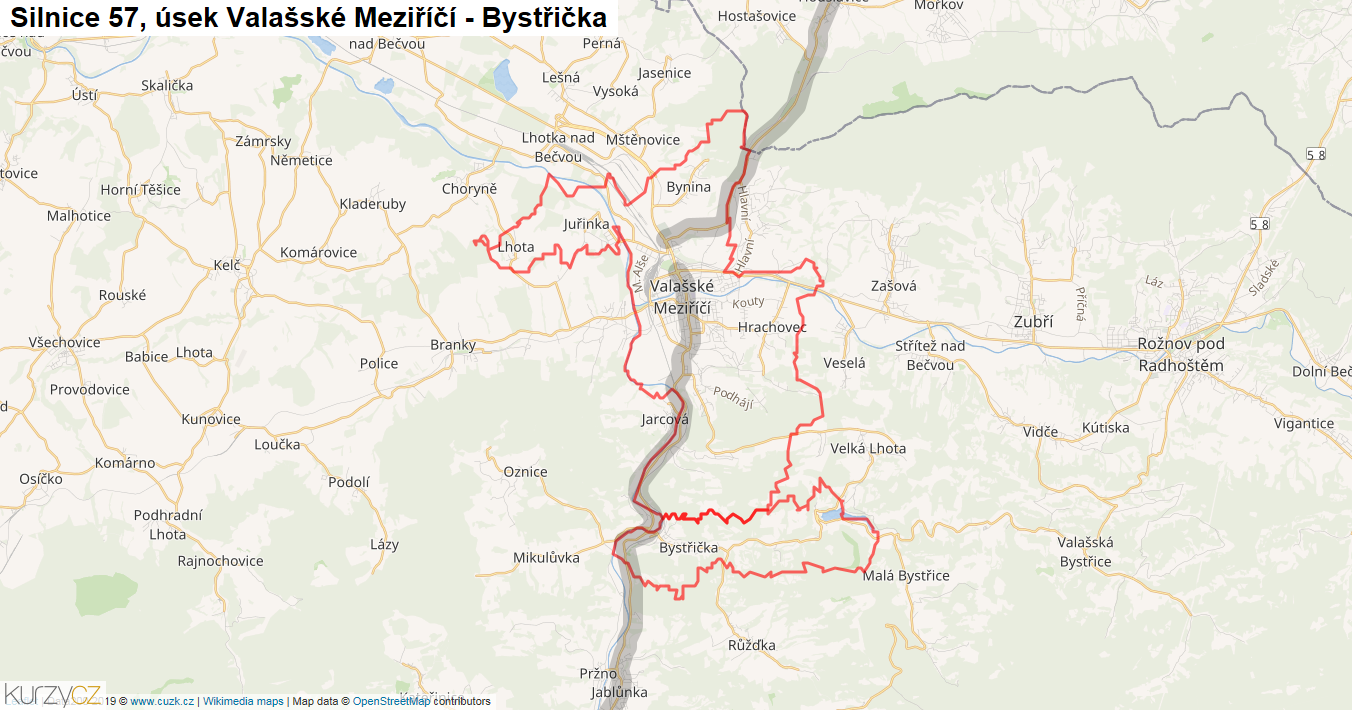 Úsek Valašské Meziříčí - Bystřička, Silnice 57 - Mapa