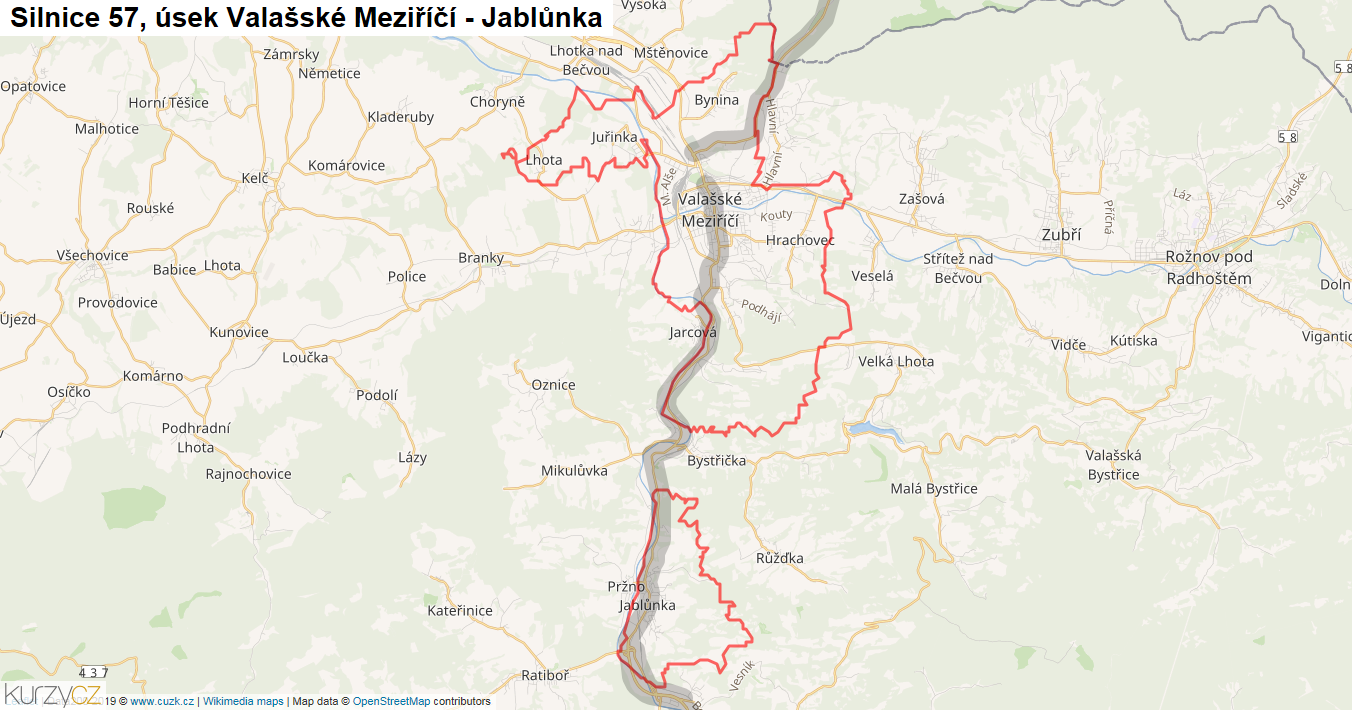 Úsek Valašské Meziříčí - Jablůnka, Silnice 57 - Mapa