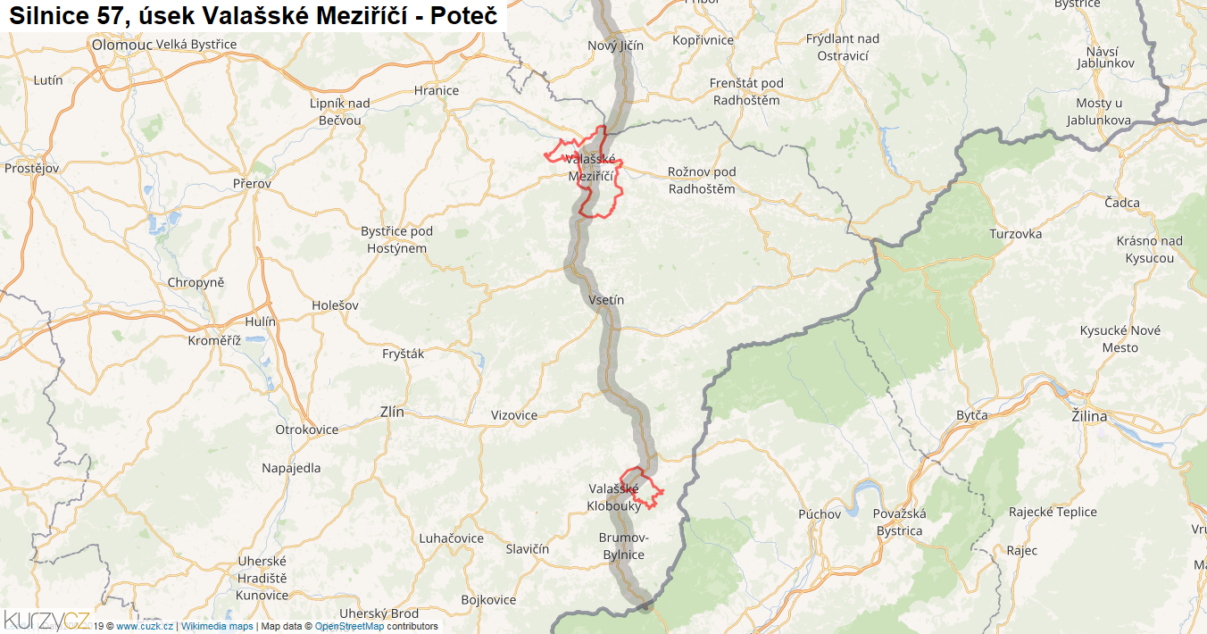 Úsek Valašské Meziříčí - Poteč, Silnice 57 - Mapa