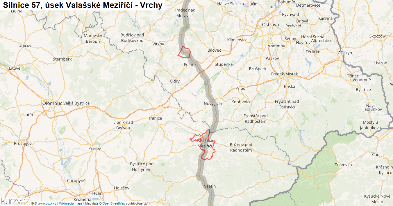 Úsek Valašské Meziříčí - Vrchy, Silnice 57 - Mapa