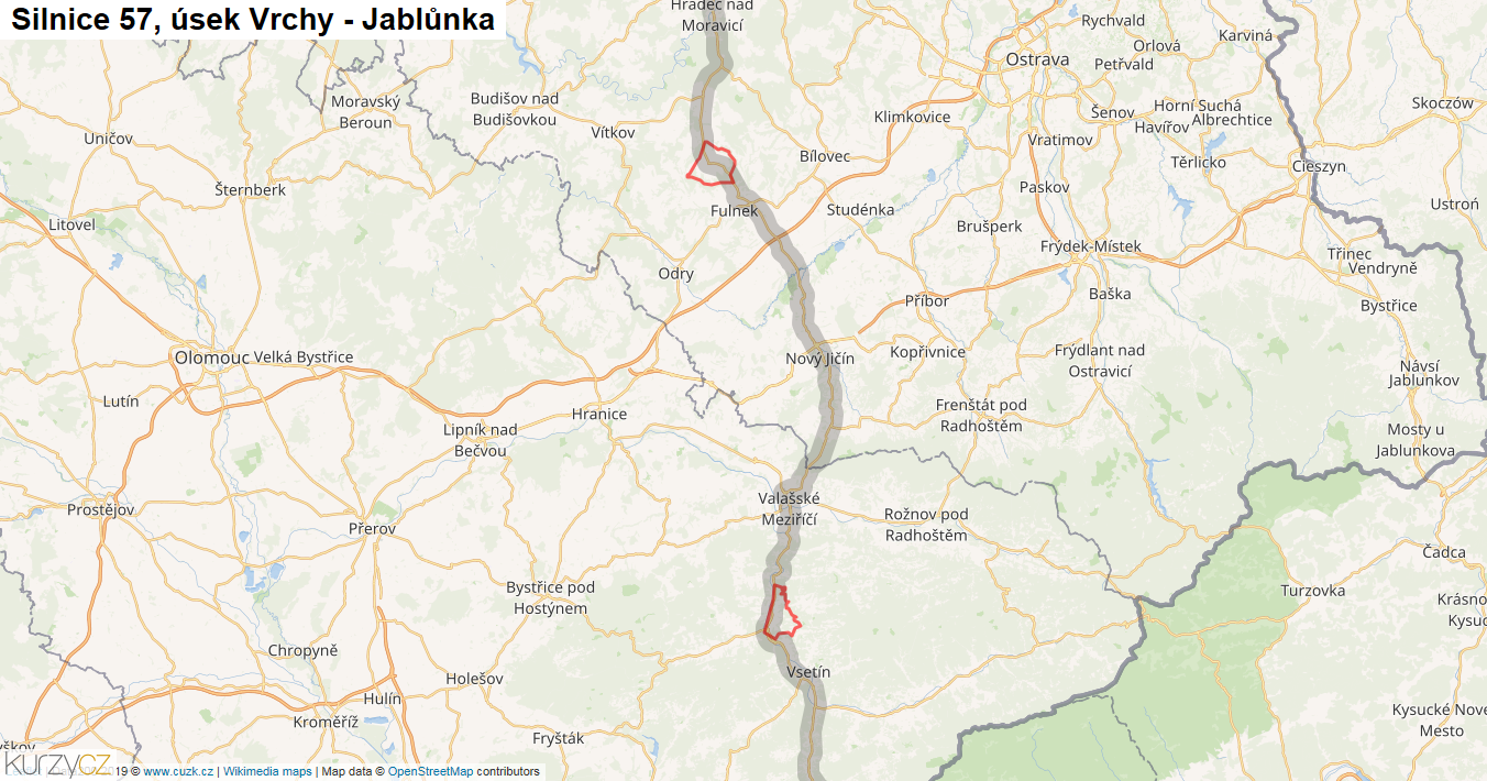 Úsek Vrchy - Jablůnka, Silnice 57 - Mapa
