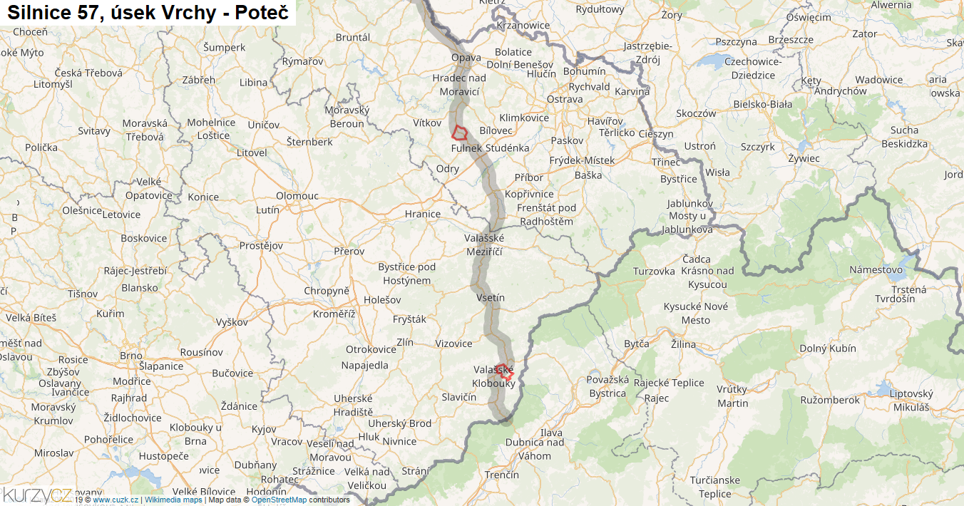 Úsek Vrchy - Poteč, Silnice 57 - Mapa