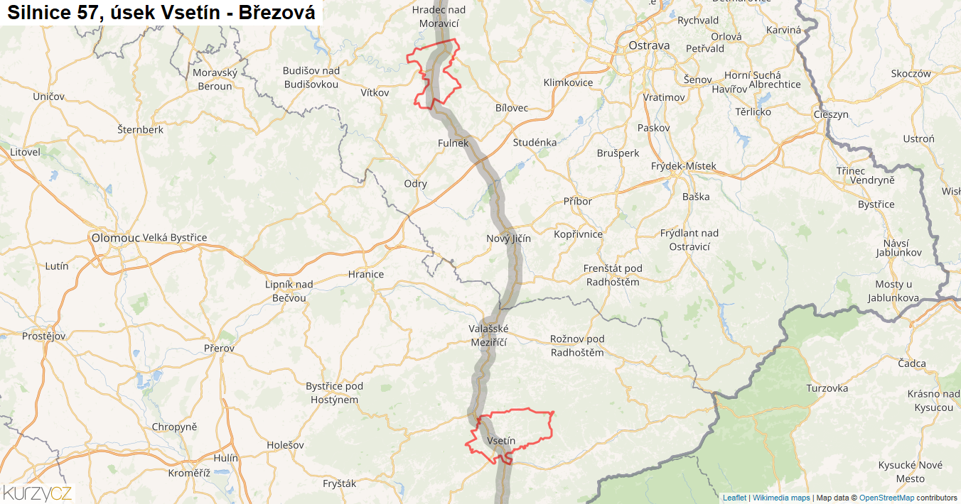 Úsek Vsetín - Březová, Silnice 57 - Mapa