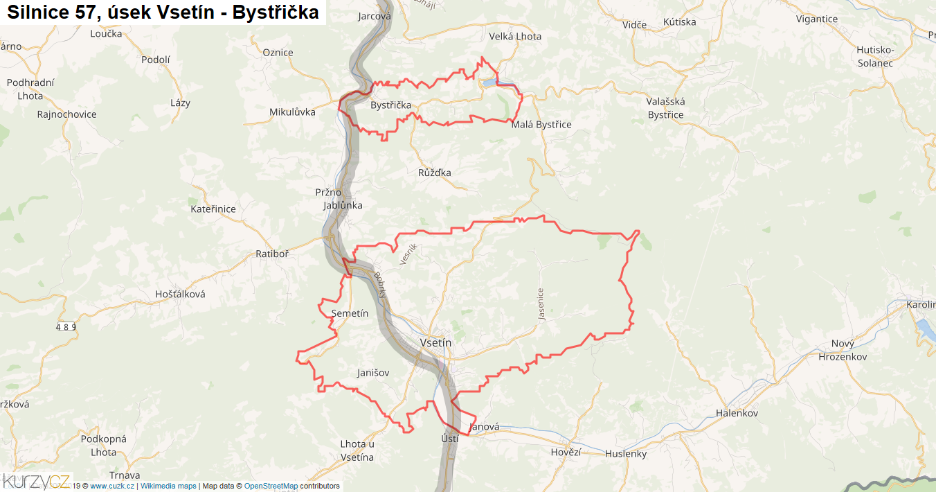 Úsek Vsetín - Bystřička, Silnice 57 - Mapa