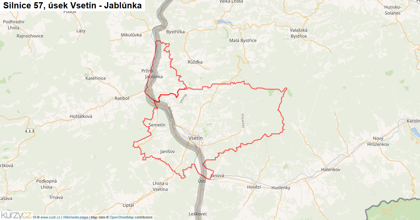 Úsek Vsetín - Jablůnka, Silnice 57 - Mapa