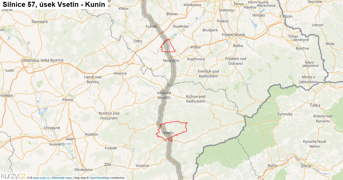 Úsek Vsetín - Kunín, Silnice 57 - Mapa