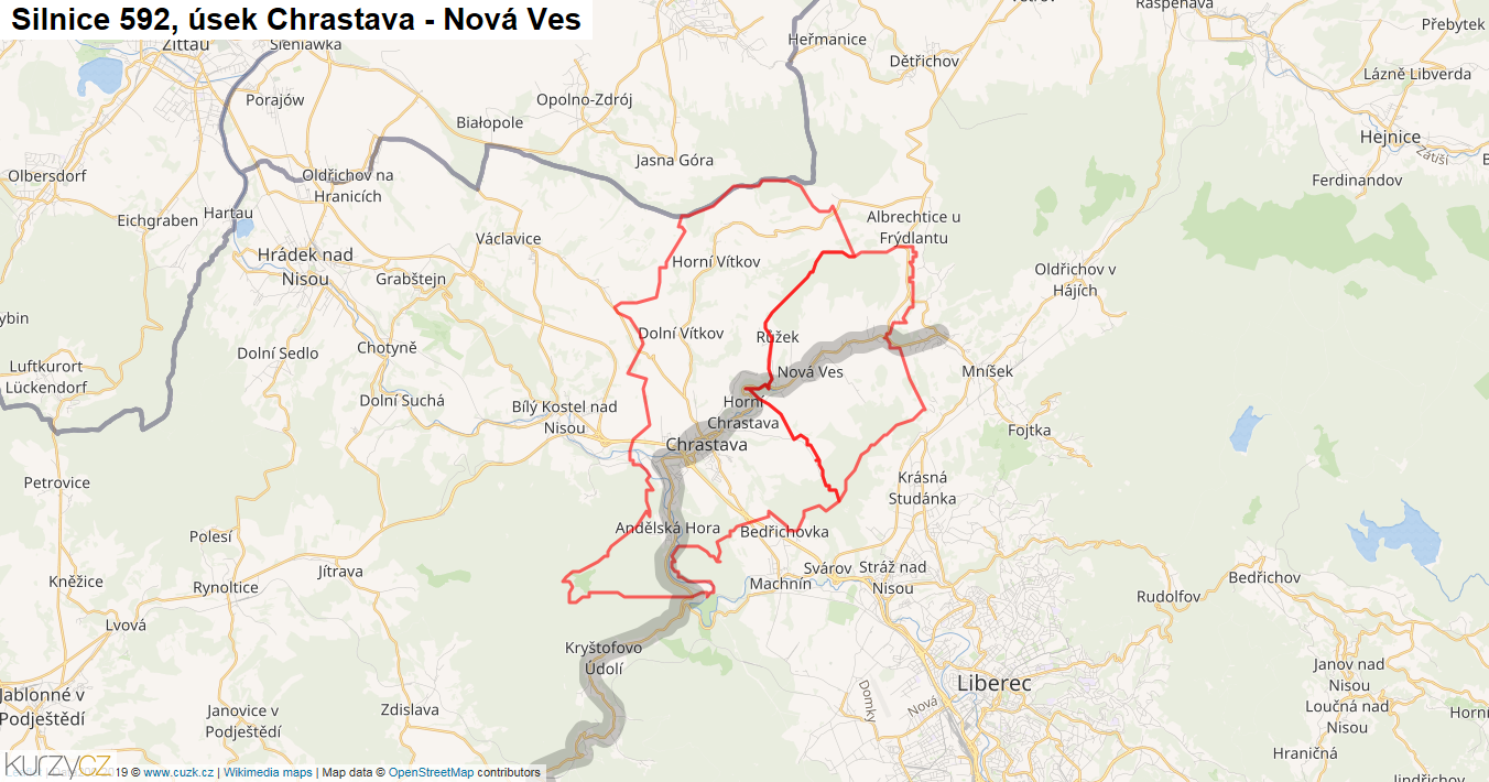 Úsek Chrastava - Nová Ves, Silnice 592 - Mapa