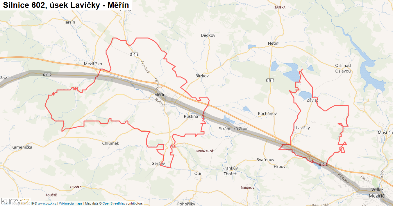 Úsek Lavičky - Měřín, Silnice 602 - Mapa