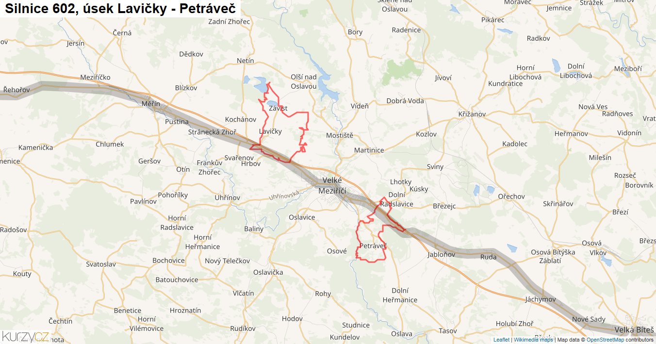 Úsek Lavičky - Petráveč, Silnice 602 - Mapa