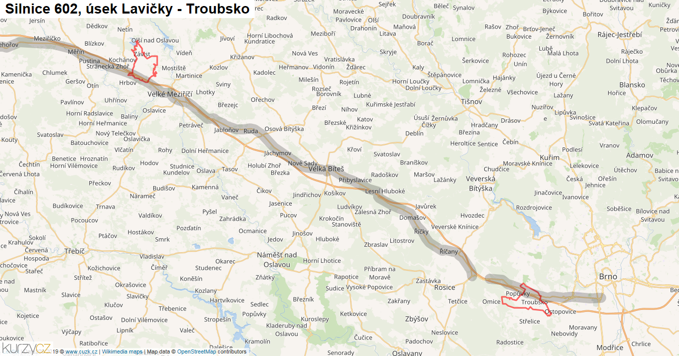 Úsek Lavičky - Troubsko, Silnice 602 - Mapa