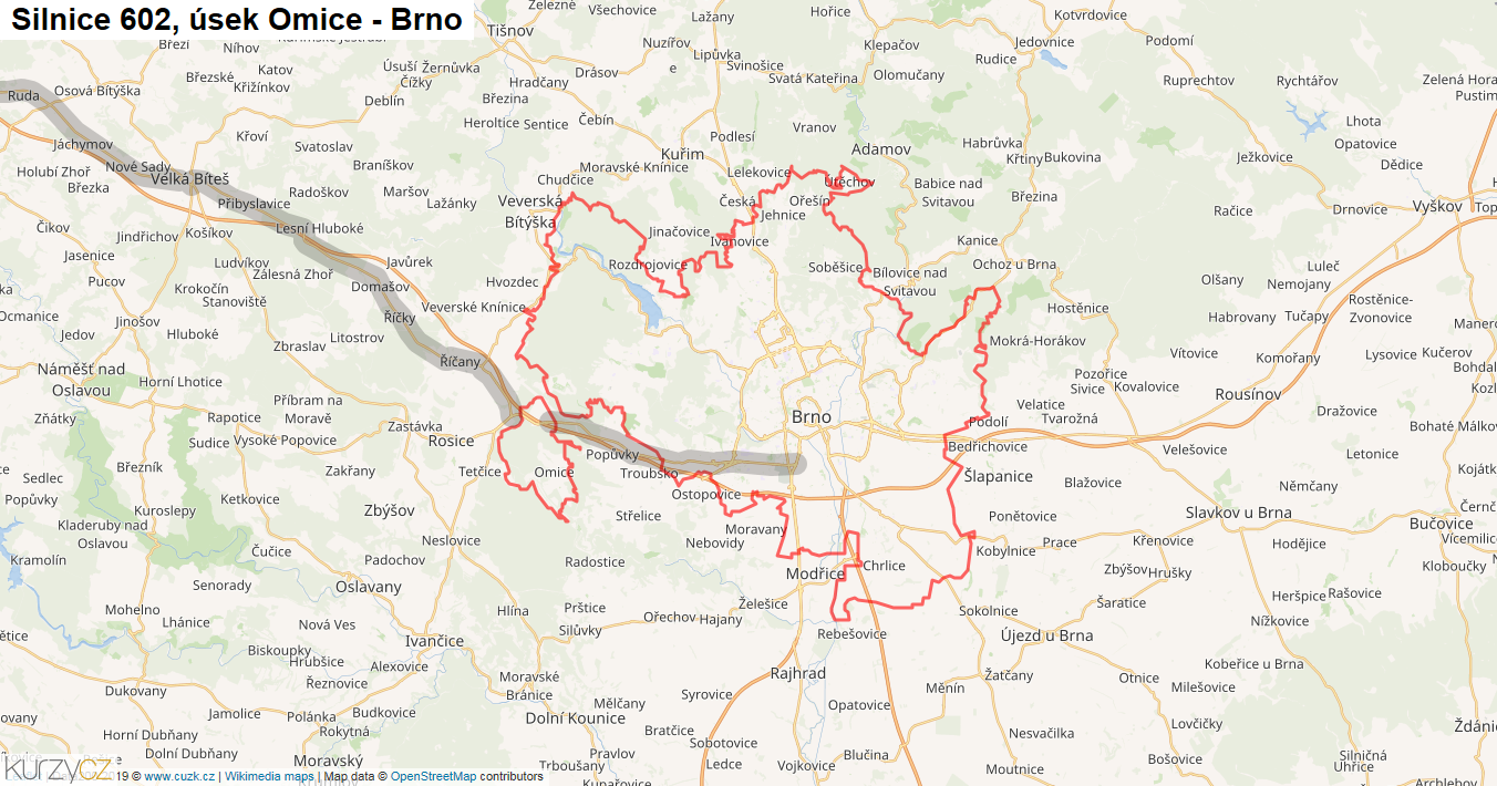Úsek Omice - Brno, Silnice 602 - Mapa