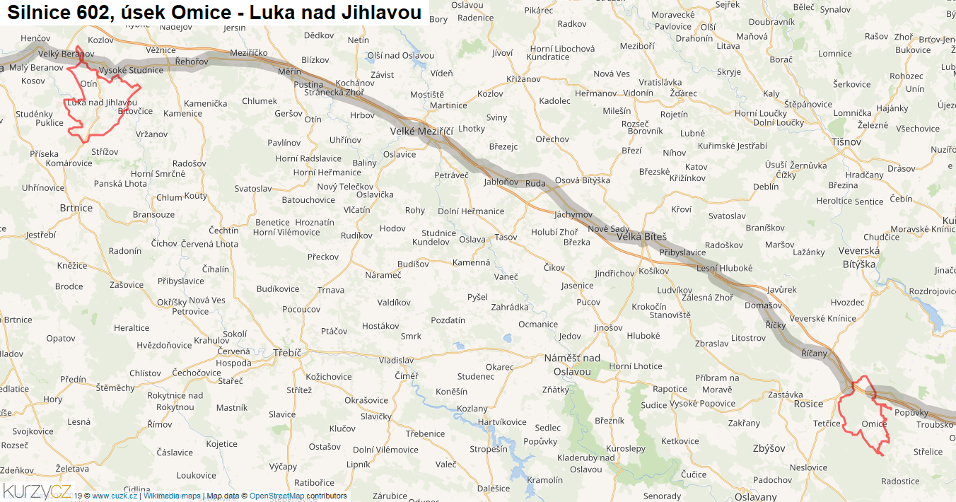 Úsek Omice - Luka nad Jihlavou, Silnice 602 - Mapa