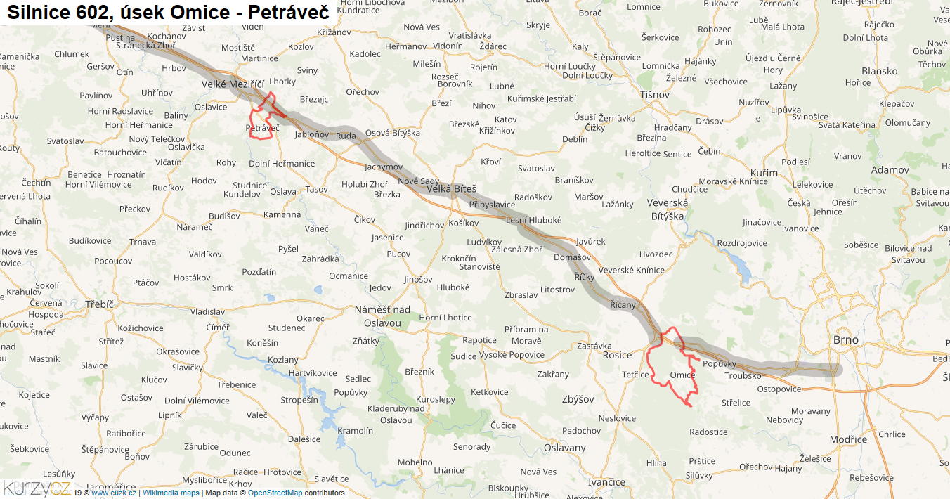 Úsek Omice - Petráveč, Silnice 602 - Mapa