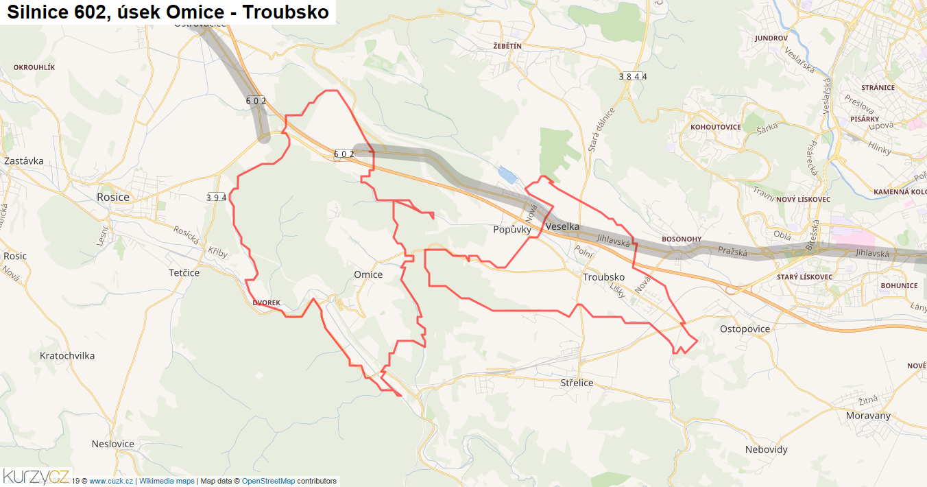 Úsek Omice - Troubsko, Silnice 602 - Mapa