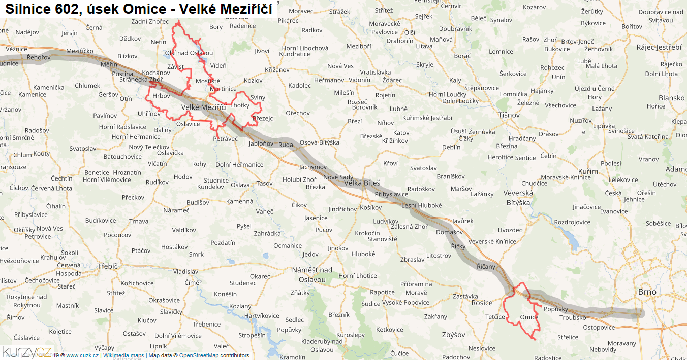 Úsek Omice - Velké Meziříčí, Silnice 602 - Mapa