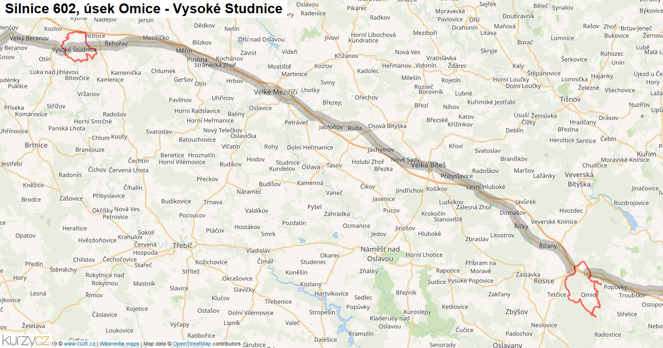 Úsek Omice - Vysoké Studnice, Silnice 602 - Mapa
