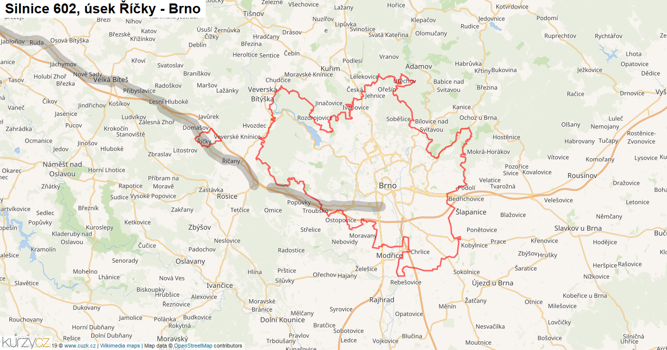 Úsek Říčky - Brno, Silnice 602 - Mapa
