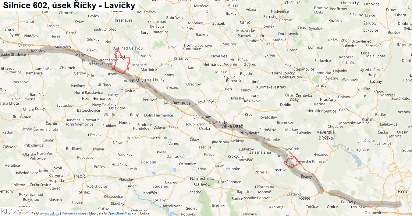 Úsek Říčky - Lavičky, Silnice 602 - Mapa