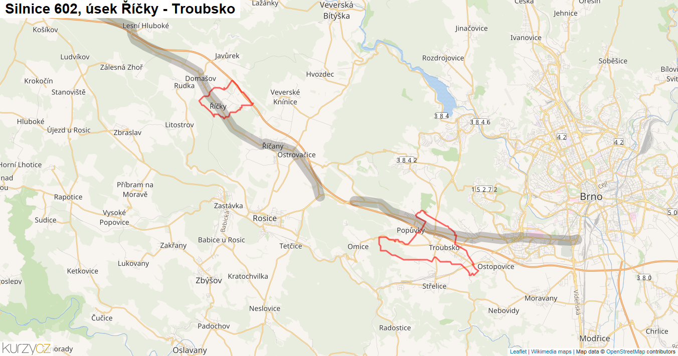 Úsek Říčky - Troubsko, Silnice 602 - Mapa