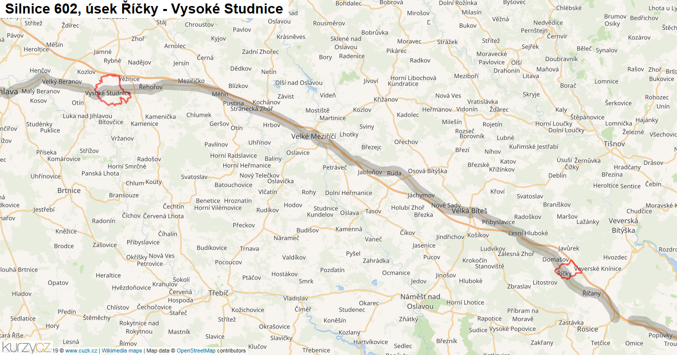 Úsek Říčky - Vysoké Studnice, Silnice 602 - Mapa