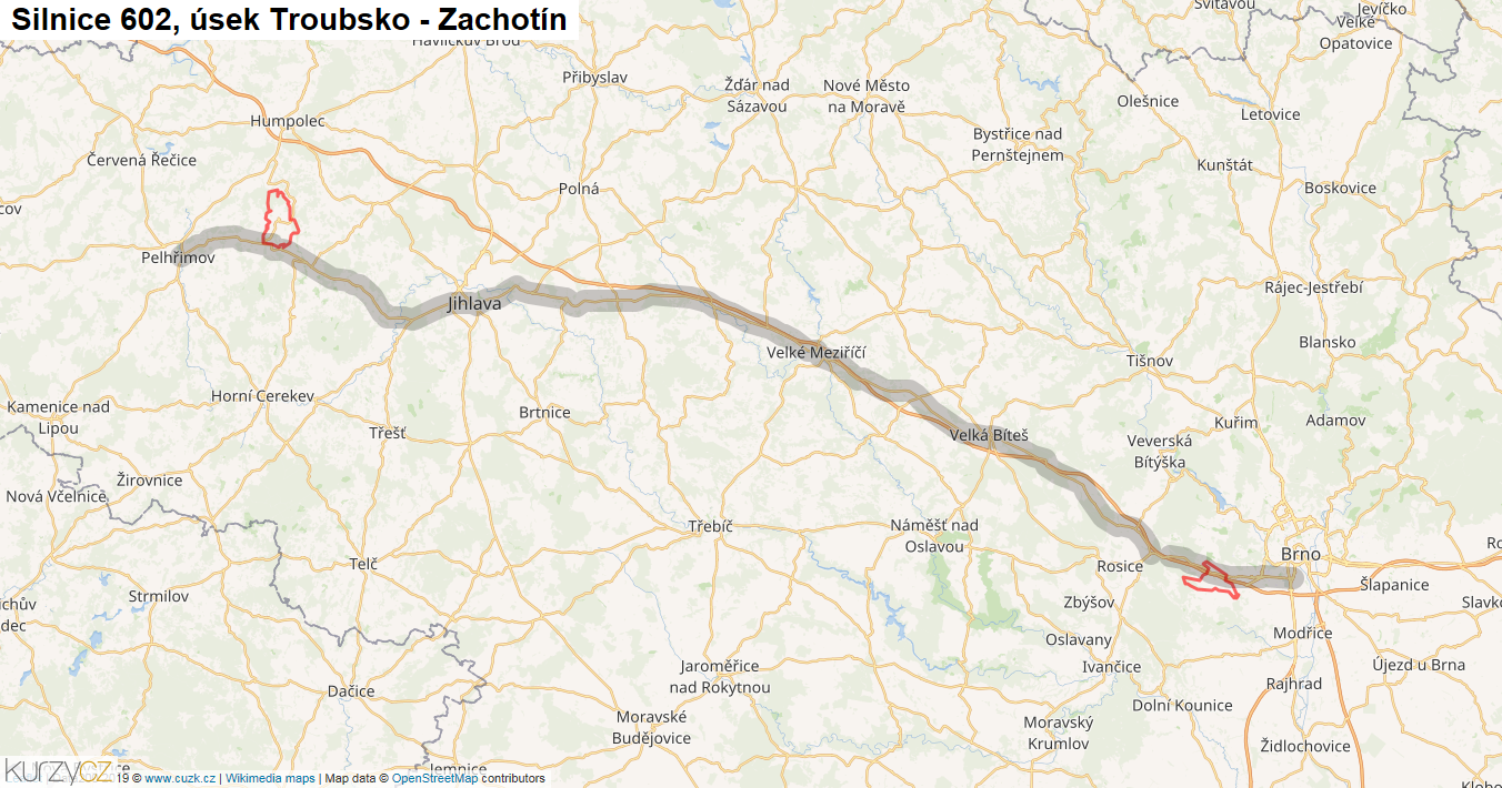 Úsek Troubsko - Zachotín, Silnice 602 - Mapa