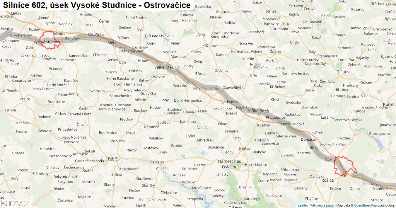Úsek Vysoké Studnice - Ostrovačice, Silnice 602 - Mapa