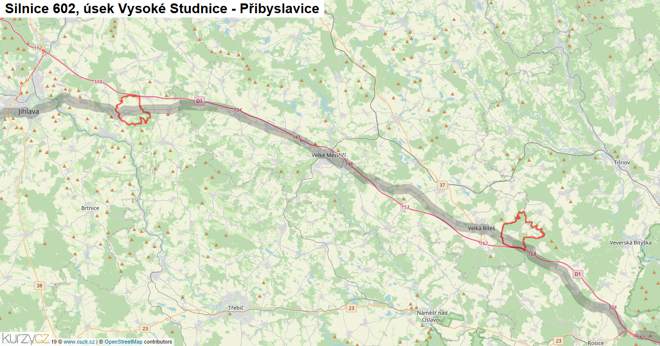 Úsek Vysoké Studnice - Přibyslavice, Silnice 602 - Mapa