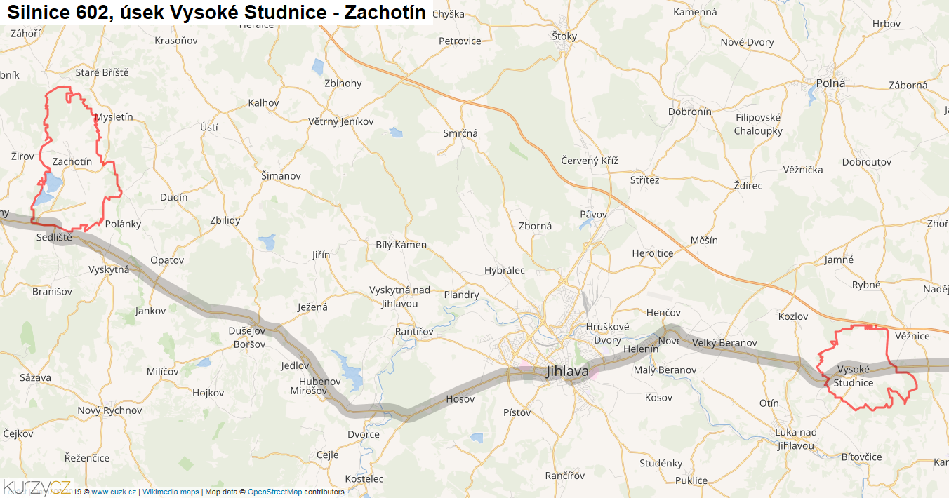 Úsek Vysoké Studnice - Zachotín, Silnice 602 - Mapa