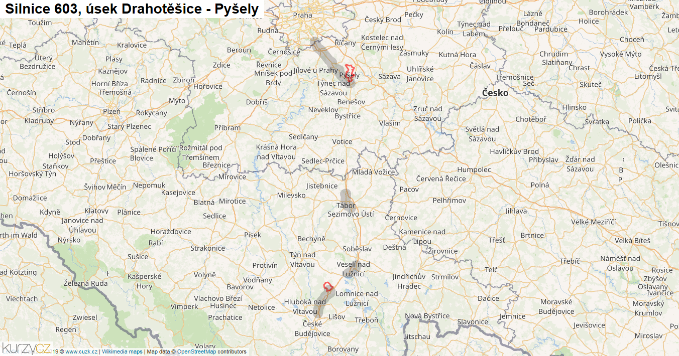 Úsek Drahotěšice - Pyšely, Silnice 603 - Mapa