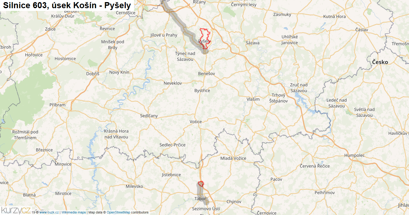 Úsek Košín - Pyšely, Silnice 603 - Mapa