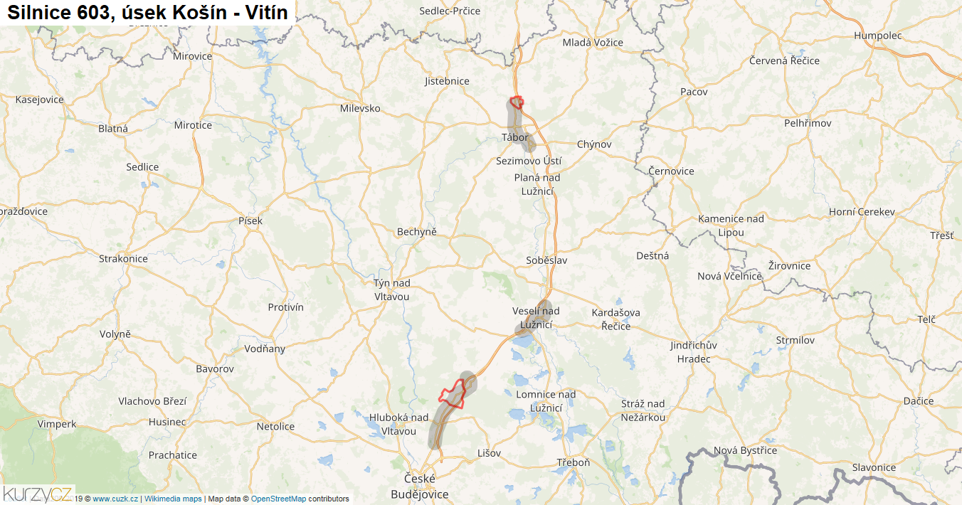 Úsek Košín - Vitín, Silnice 603 - Mapa