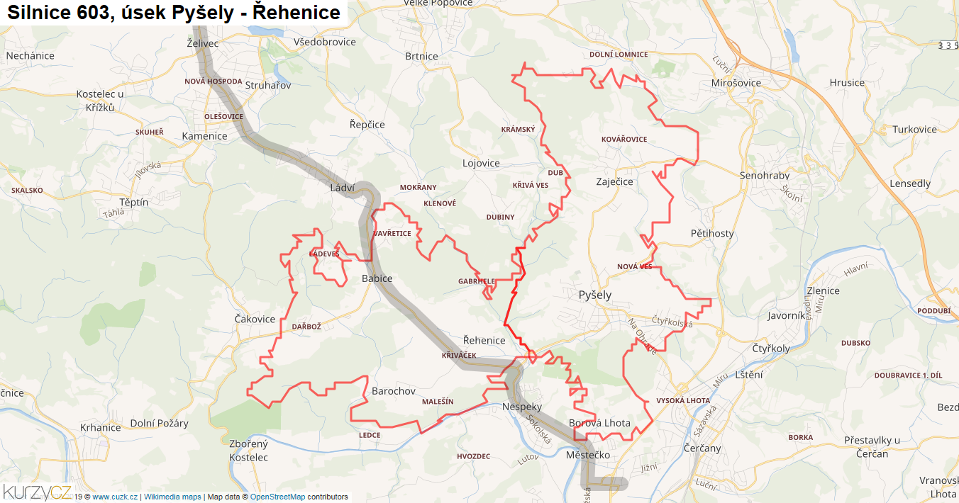 Úsek Pyšely - Řehenice, Silnice 603 - Mapa